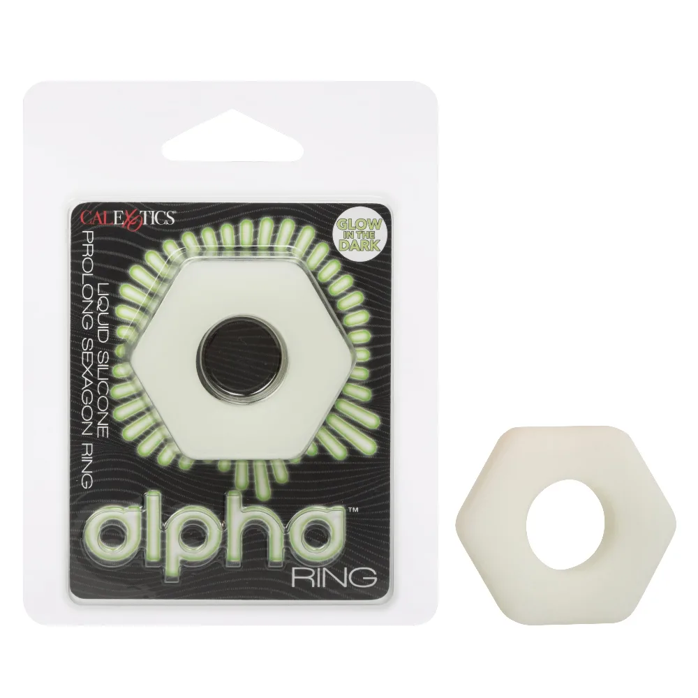 Alpha Glow-in-the-Dark Liquid Silicone Prolong Sexagon Ring - White Enhancers CalExotics