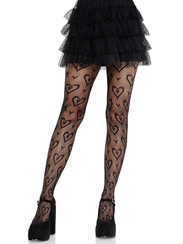 Cherie Heart Net Tights O/s - Black Hosiery & Garters Leg Avenue