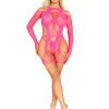 2 Pc Fishnet Garter Harness and Opaque Cut-Out Teddy O/s - Neon Pink Hosiery & Garters Leg Avenue