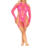2 Pc Fishnet Garter Harness and Opaque Cut-Out Teddy O/s - Neon Pink Hosiery & Garters Leg Avenue