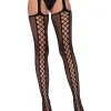 Faux Lace Up Dual Net Backseam Stockings with Attached Garterbelt - Black - One Size Hosiery & Garters Leg Avenue