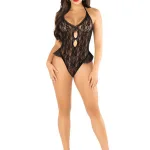 Black Floral Lace Halter Bodysuit with Mini Bow - and Flutter Accent - Os Teddies & Bodysuits Leg Avenue