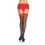 Corset Lace Top Stockings - One Size - Black/ Red Hosiery & Garters Leg Avenue