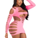 Opaque Shredded Cut Out Mini Dress - One Size - Neon Pink Lingerie Leg Avenue