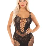 Black Lace and Net Mini Dress - With Dual Strap Detail - Os Novelty Leg Avenue