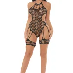 Trust Issues Halter Teddy With Leg Garters Black - Os Teddies & Bodysuits Pink Lipstick