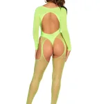 2 Pc Fishnet Suspender Lingerie Jumpsuit and Layered Opaque Teddy O/s - Neon Green Hosiery & Garters Leg Avenue