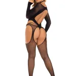 2 Pc Fishnet Suspender Lingerie Jumpsuit and Layered Opaque Teddy O/s - Black Hosiery & Garters Leg Avenue