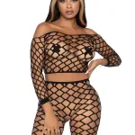 2 Pc Net Crop Top and Bike Shorts - One Size - Black Hosiery & Garters Leg Avenue