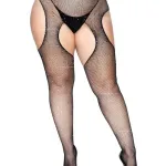 Casey Rhinestone Fishnet Suspender Pantyhose - Queen - Black Hosiery & Garters Leg Avenue
