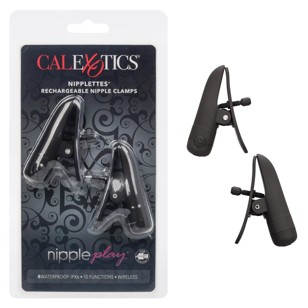 Nipple Play Nipplettes Vibrating Nipple Clamps Black Rechargeable BDSM & Kink CalExotics