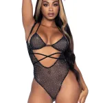 2 Pc. Rhinestone Wrap Around Bikini Top and Suspender Bodysuit - One Size - Black Teddies & Bodysuits Leg Avenue