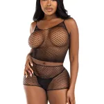 2 Pc Net Tank Top With Boy Shorts - One Size - Black Lingerie Leg Avenue