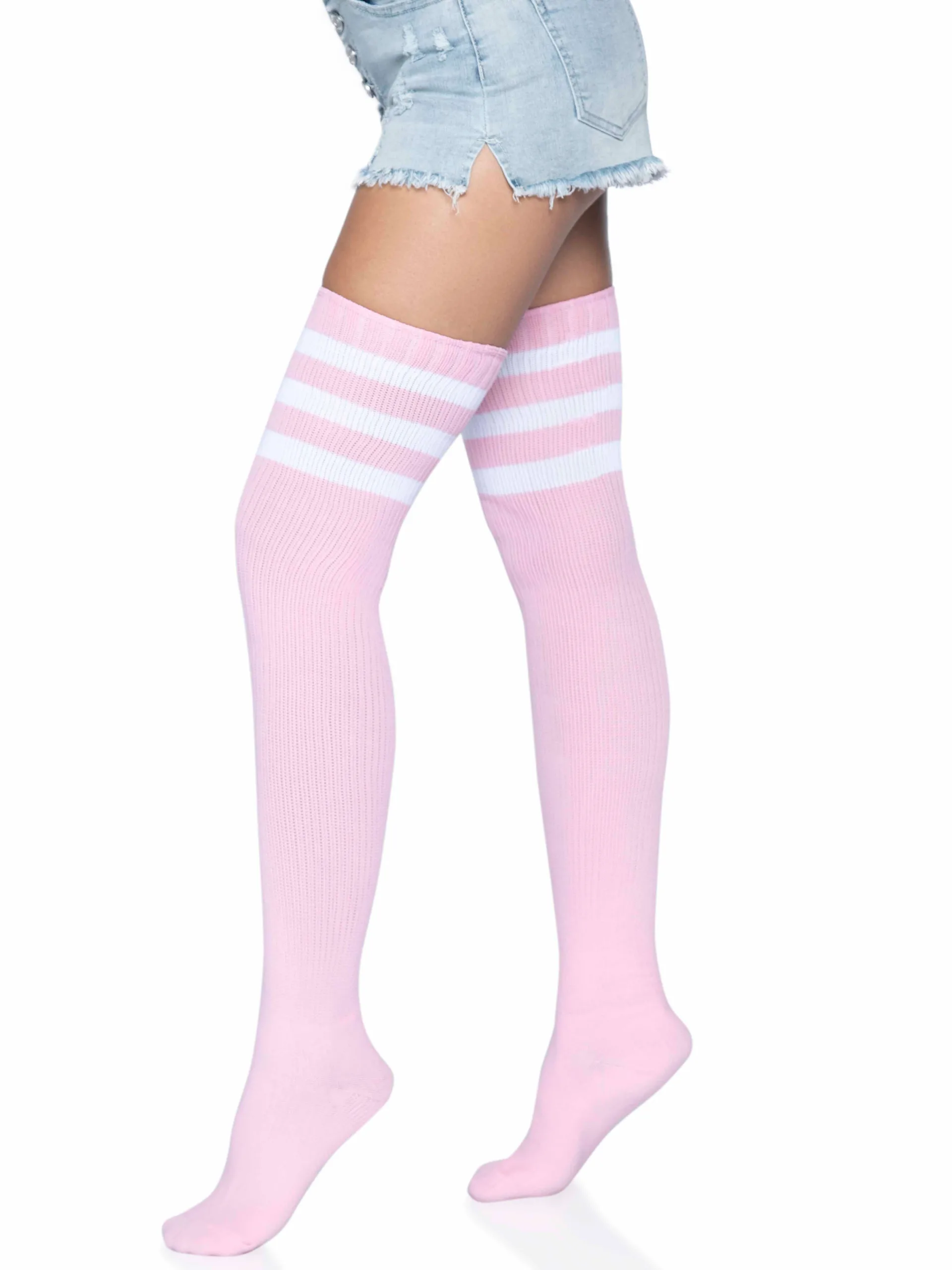 3 Stripes Athletic Ribbed Thigh Highs - One Size - Light Pink Hosiery & Garters Leg Avenue