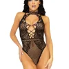 Net and Lace Keyhole Halter Bodysuit - One Size - Black Teddies & Bodysuits Leg Avenue