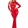 Red Lace and Net Body Con Gown - With Heart Keyhole Detail - Os Lingerie Leg Avenue
