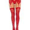 2 Pc Rachel Lace Thigh High and Crossover Garter Belt - One Size - Red Hosiery & Garters Leg Avenue