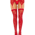 2 Pc Rachel Lace Thigh High and Crossover Garter Belt - One Size - Red Hosiery & Garters Leg Avenue