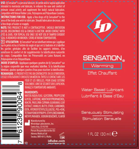 ID Sensation Warming Water Based 1 Oz Lubes & Essentials I.D. Lubricants