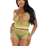 2 Pc Net Tank Top With Boy Shorts - One Size - Lime Lingerie Leg Avenue