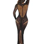 Black Lace and Net Body Con Gown - With Heart Keyhole Detail - Os Lingerie Leg Avenue