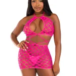 Keyhole Halter Hardcore Net Mini Dress - One Size - Neon Pink Hosiery & Garters Leg Avenue