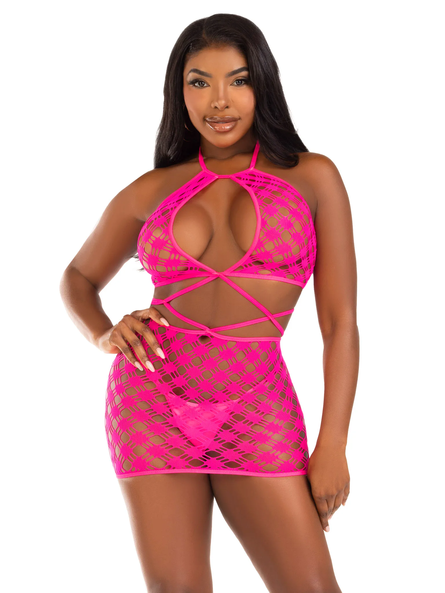 Keyhole Halter Hardcore Net Mini Dress - One Size - Neon Pink Hosiery & Garters Leg Avenue