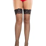 May Fishnet Thigh High Stockings O/s - Black/red Hosiery & Garters Leg Avenue