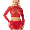 Red 2pc Rhinestone Lace and Net Crop Top with - Heart Keyhole Mini Skirt - Os Dancewear Leg Avenue