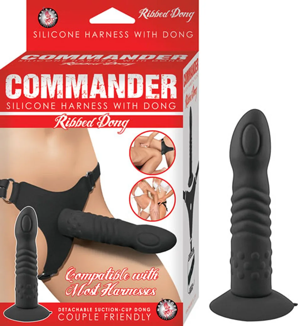 Commander Ribbed Dong With Harness - Black Dildos Nasstoys