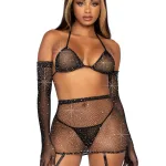 5 Pc Rhinestone Bikini Top G-String Garter Skirt, Gloves and Stockings - One Size - Black Hosiery & Garters Leg Avenue