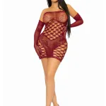 2 Pc Hardcore Net Tube Dress With Gloves - One Size - Burgundy Lingerie Leg Avenue