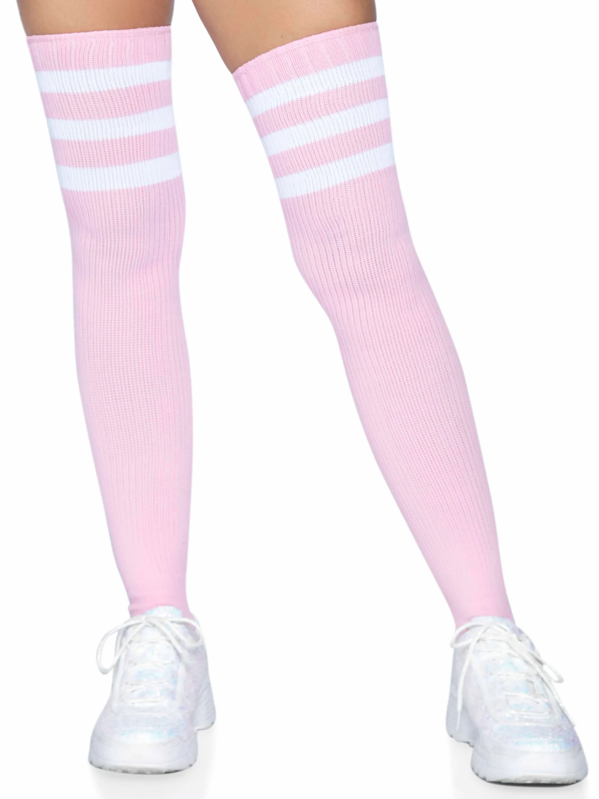 3 Stripes Athletic Ribbed Thigh Highs - One Size - Light Pink Hosiery & Garters Leg Avenue