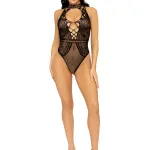 Net and Lace Keyhole Halter Bodysuit - One Size - Black Teddies & Bodysuits Leg Avenue