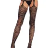 Floral Lace Stockings with Attached Waist Garterbelt - Black - One Size Hosiery & Garters Leg Avenue