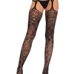 Floral Lace Stockings with Attached Waist Garterbelt - Black - One Size Hosiery & Garters Leg Avenue