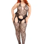 Seamless Heart Net Suspender Bodystocking - 1x/2x - Black Panties & Thongs Leg Avenue