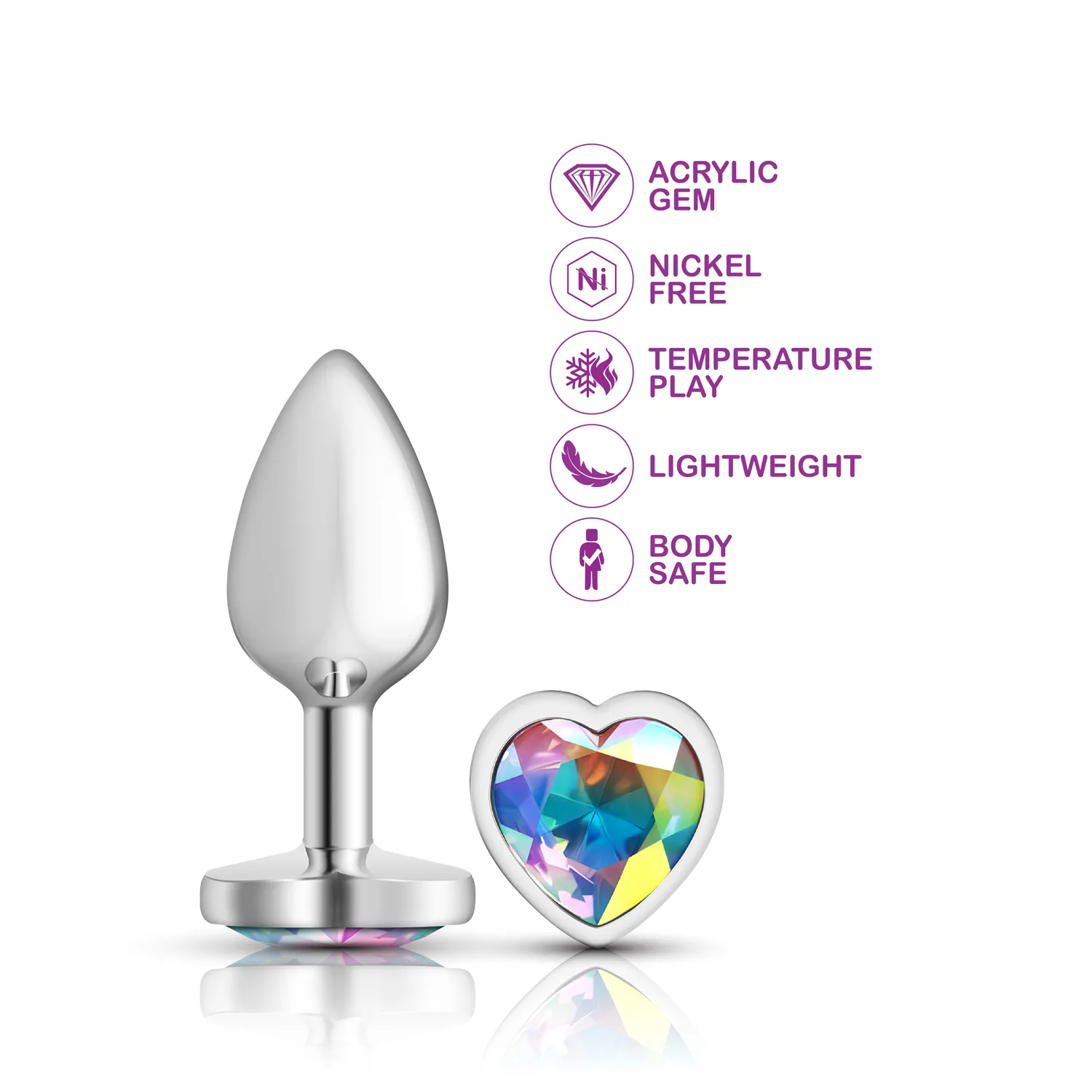 Clear Iridescent Heart Gem Silver Metal Plug - Sm Anal Play Viben