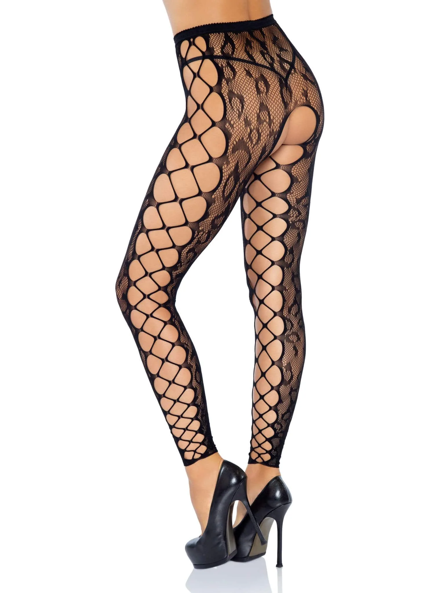 Footless Leopard Lace Crotchless Tights - Black Hosiery & Garters Leg Avenue