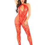 Red Seamless Net and Lace Lingerie Jumpsuit - With Keyhole Crossover Halter - Os Hosiery & Garters Leg Avenue