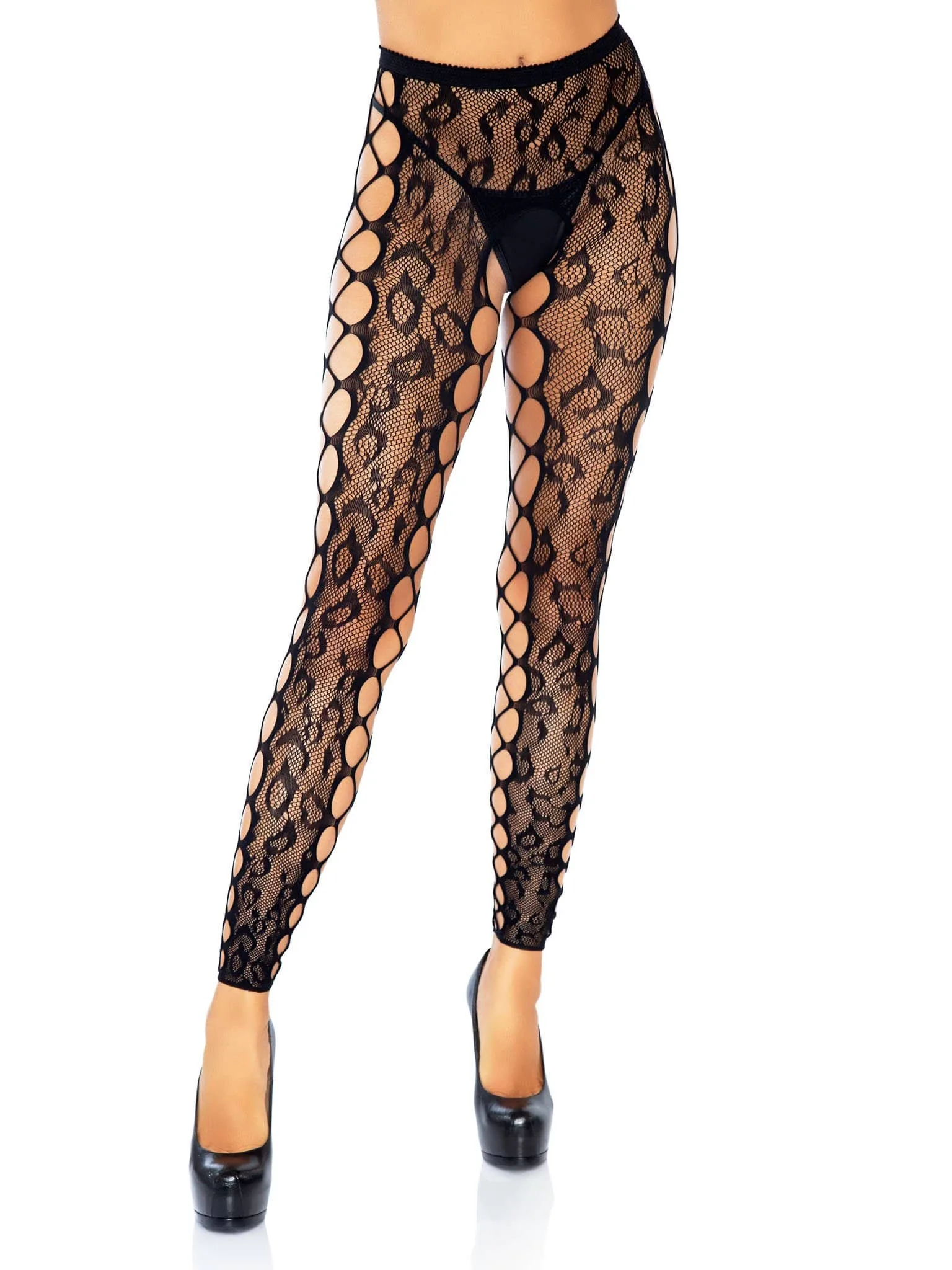Footless Leopard Lace Crotchless Tights - Black Hosiery & Garters Leg Avenue