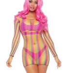 Rainbow Fishnet Long Sleeved Mini Dress - One Size - Rainbow Panties & Thongs Leg Avenue