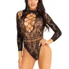 Lace and Neck Keyhole Back Bodysuit - One Size - Black Teddies & Bodysuits Leg Avenue