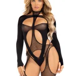 2 Pc Fishnet Suspender Lingerie Jumpsuit and Layered Opaque Teddy O/s - Black Hosiery & Garters Leg Avenue