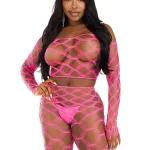 2 Pc Net Crop Top and Footless Tights - One Size - Neon Pink Hosiery & Garters Leg Avenue