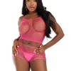 2 Pc Net Tank Top With Boy Shorts - One Size - Neon Pink Lingerie Leg Avenue