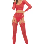 Permanent Mark Long Sleeve Top and Garter Bodystocking Red - Os Hosiery & Garters Rene Rofe