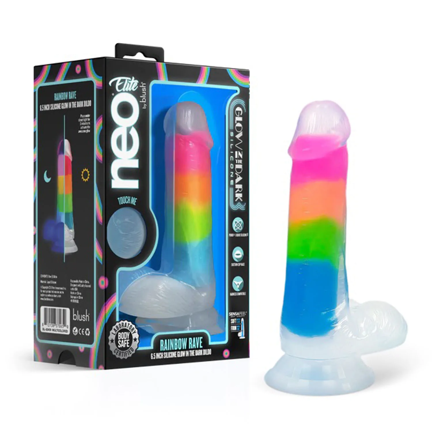 Neo Elite Glow in the Dark Rainbow Rave 6.5" Silicone Dual Density Dildo Multicolored Festival & Rave Blush