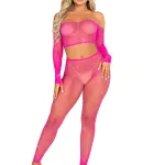 Rhinestone Fishnet Crop Top and Footless Tights O/s - Neon Pink Hosiery & Garters Leg Avenue