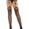 Black Rhinestone Lace Top Fishnet Stockings With - Gartner Belt - Os Hosiery & Garters Leg Avenue